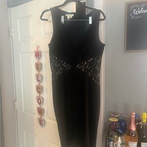 London Times Black Midi Dress with Lace Detail